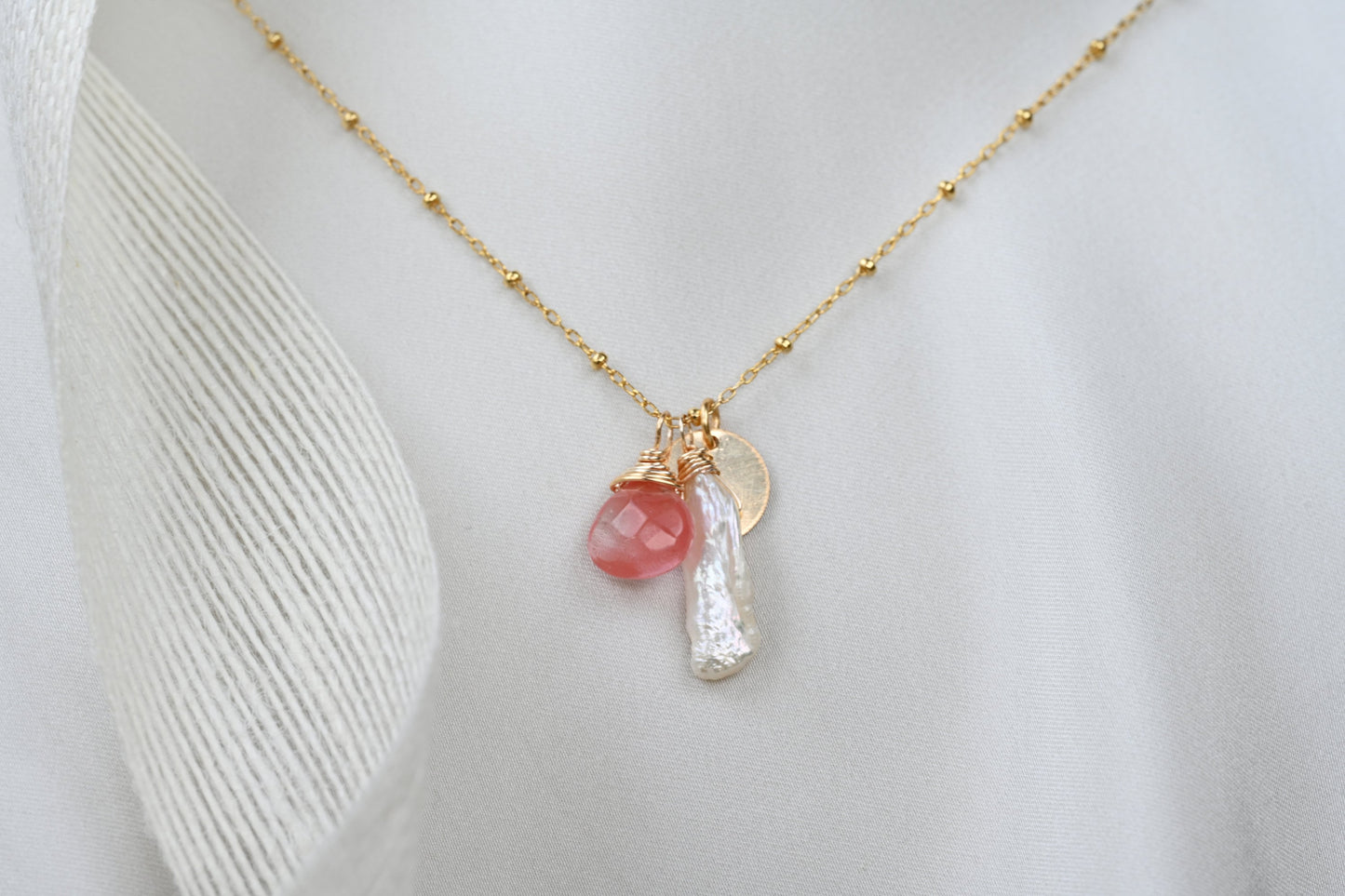 Rose Quartz, Biwa Pearl and Gold Coin Necklace