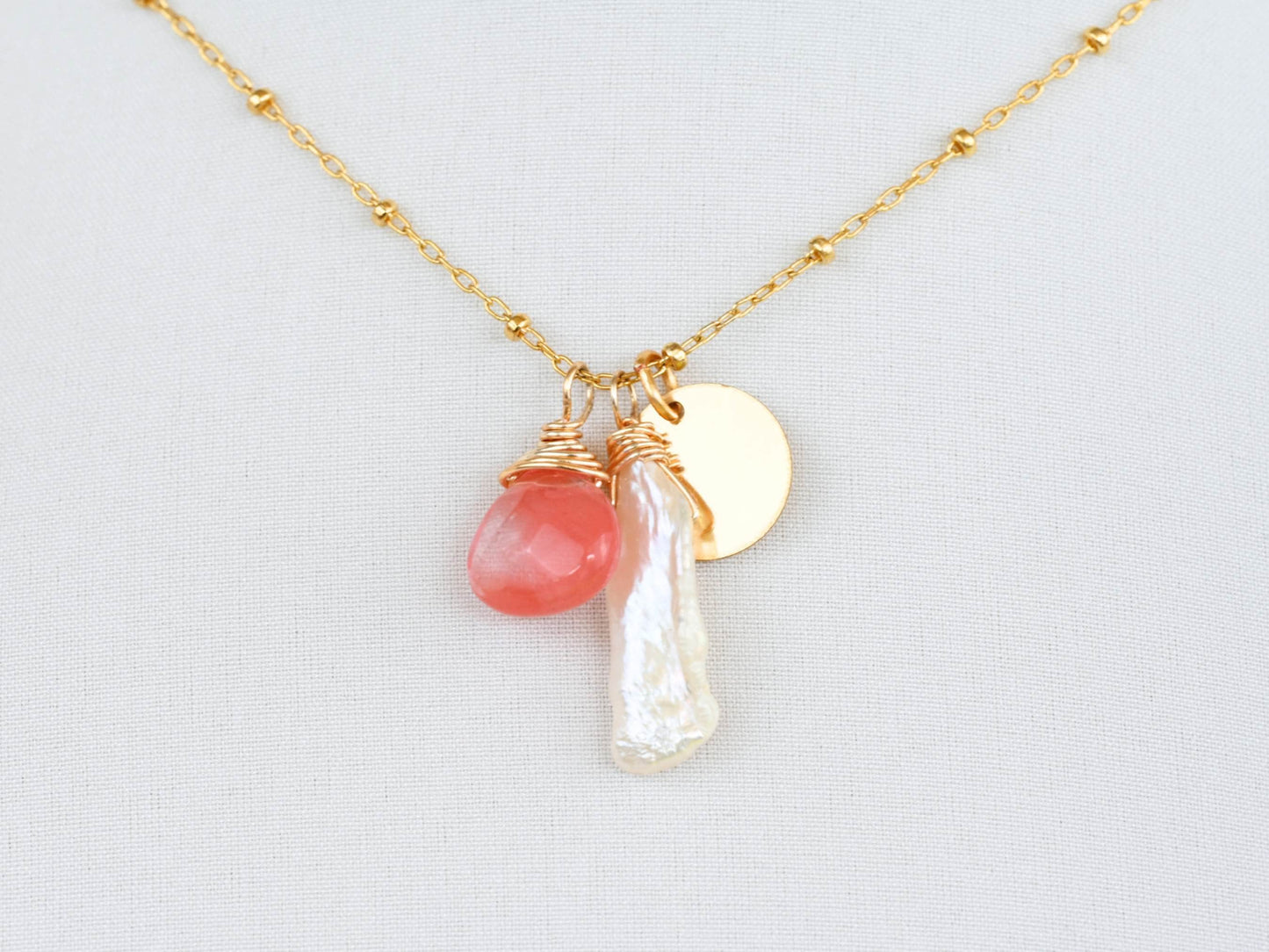 Rose Quartz, Biwa Pearl and Gold Coin Necklace