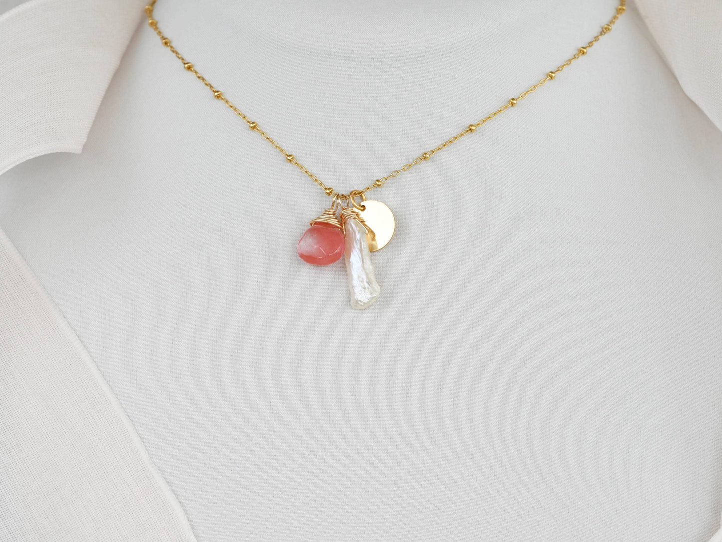 Rose Quartz, Biwa Pearl and Gold Coin Necklace