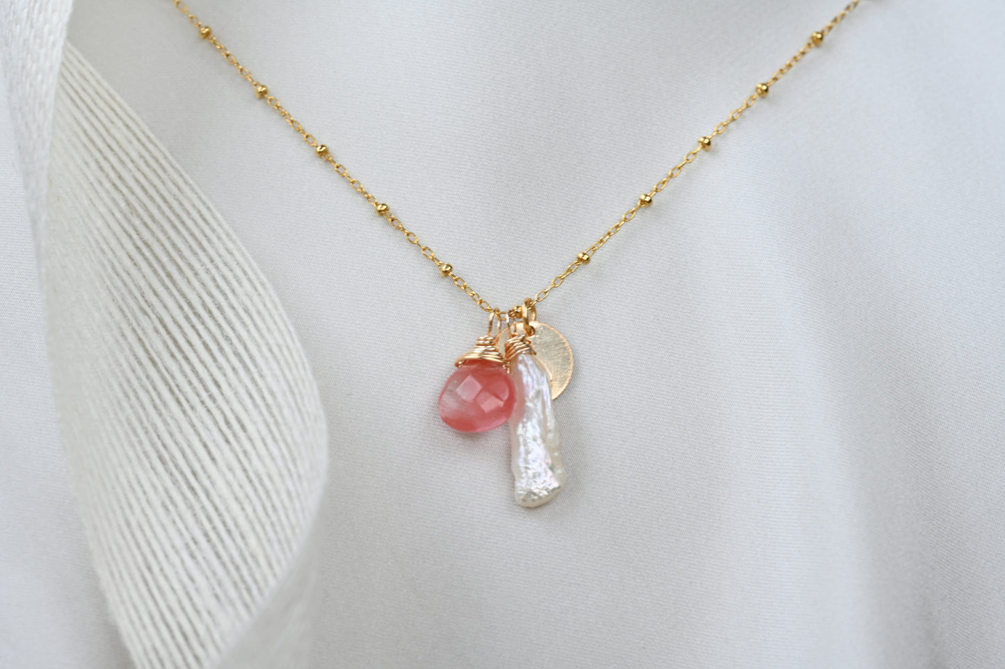 Rose Quartz, Biwa Pearl and Gold Coin Necklace