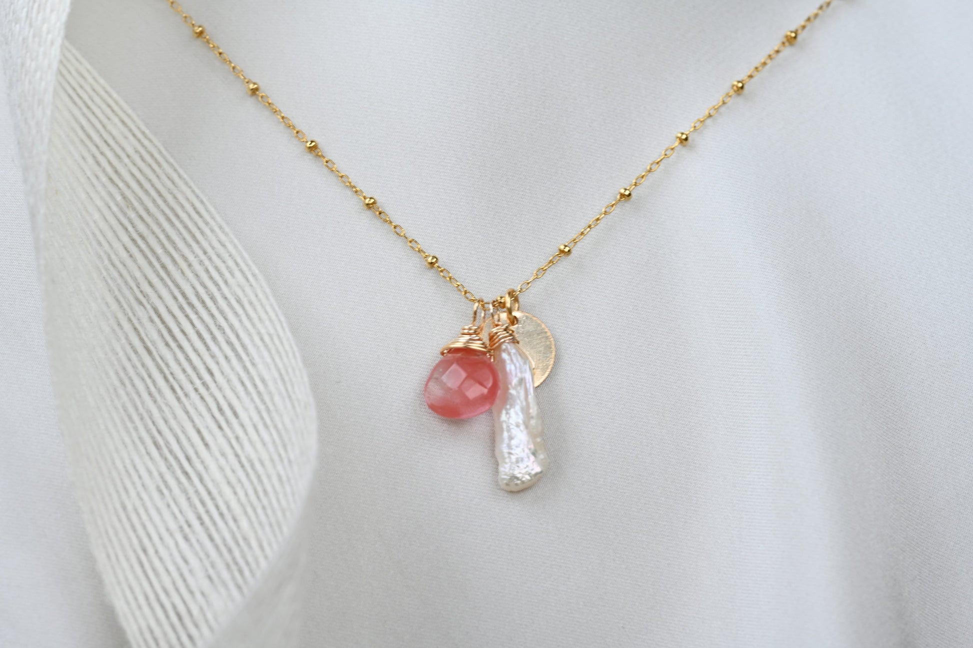 Rose Quartz, Biwa Pearl and Gold Coin Necklace