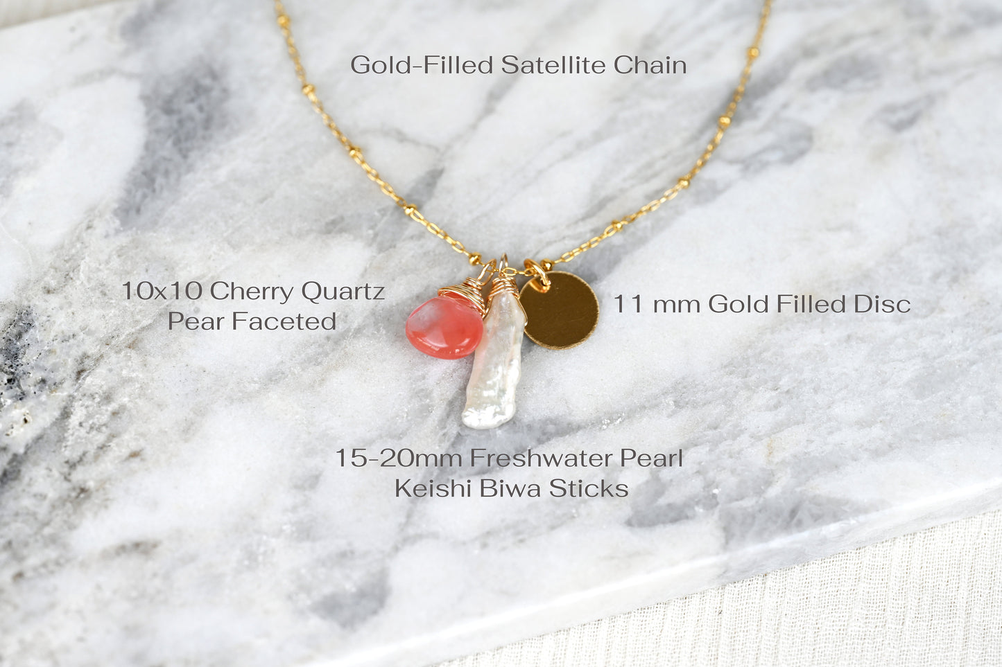 Rose Quartz, Biwa Pearl and Gold Coin Necklace