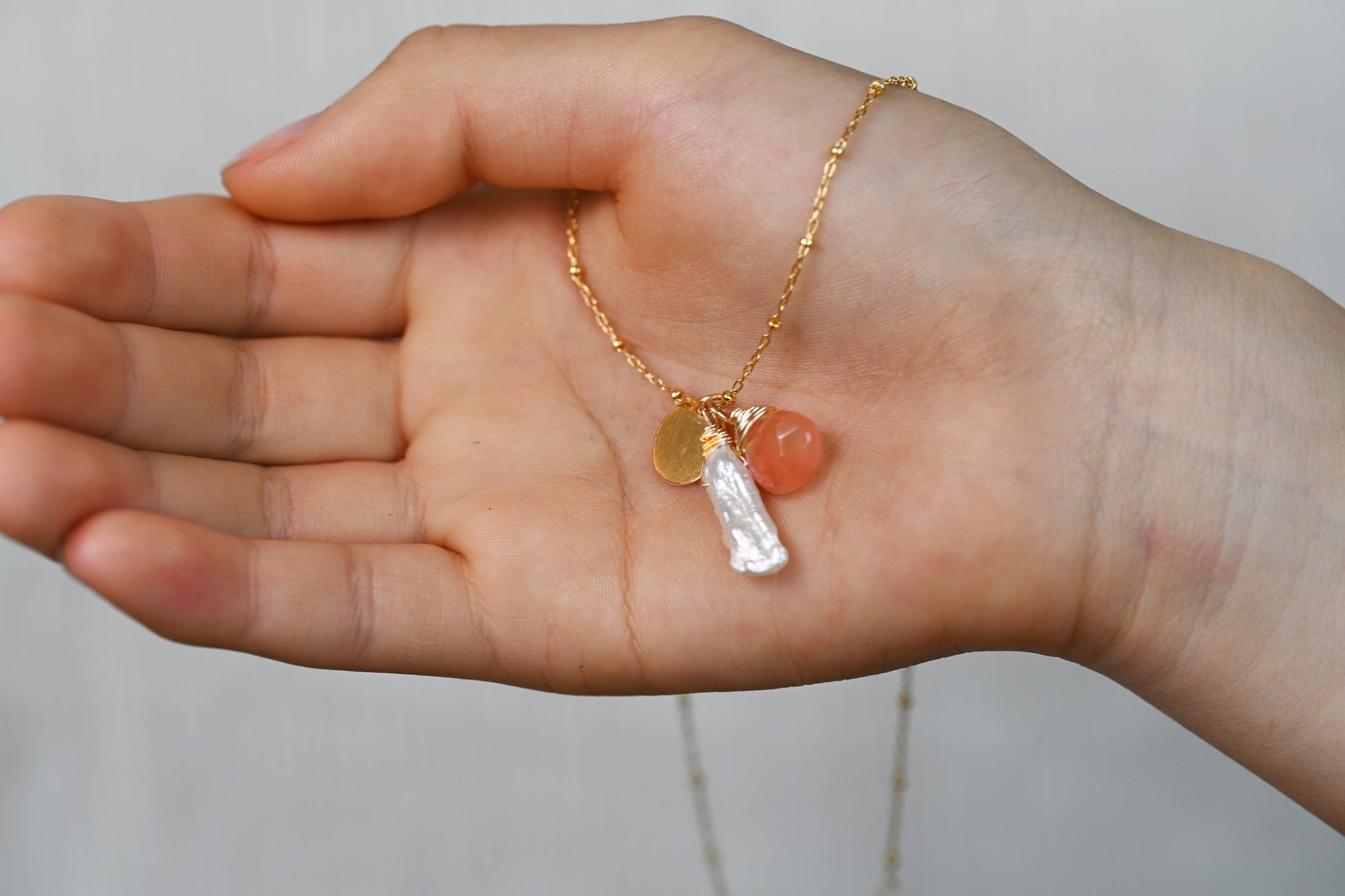 Rose Quartz, Biwa Pearl and Gold Coin Necklace