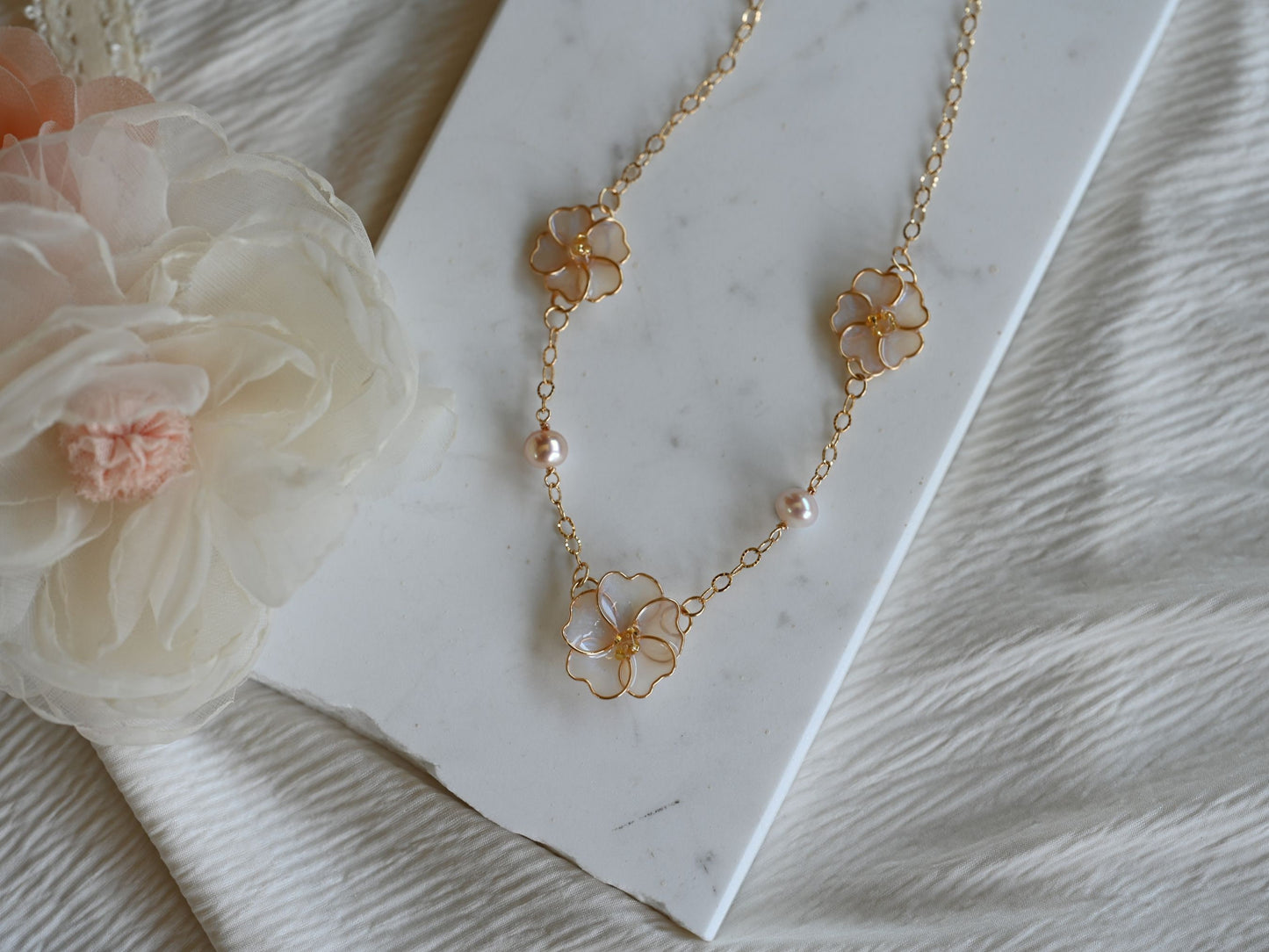 In Full Bloom - Gold Station Necklace with Pearls