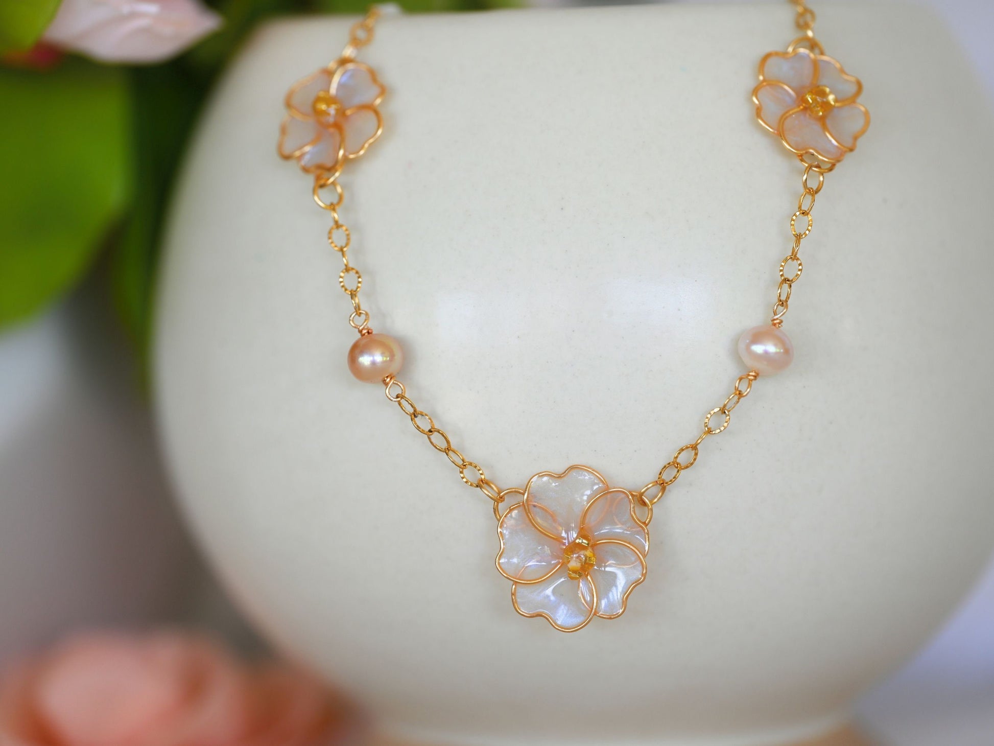 In Full Bloom - Gold Station Necklace with Pearls