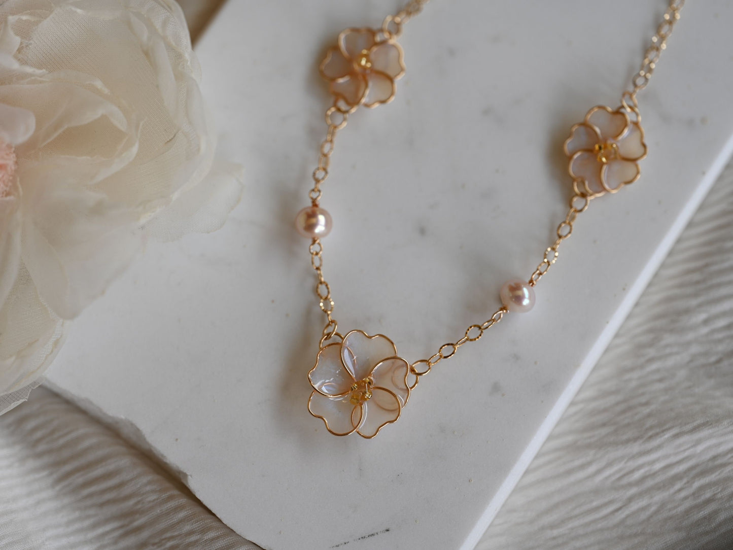 In Full Bloom - Gold Station Necklace with Pearls