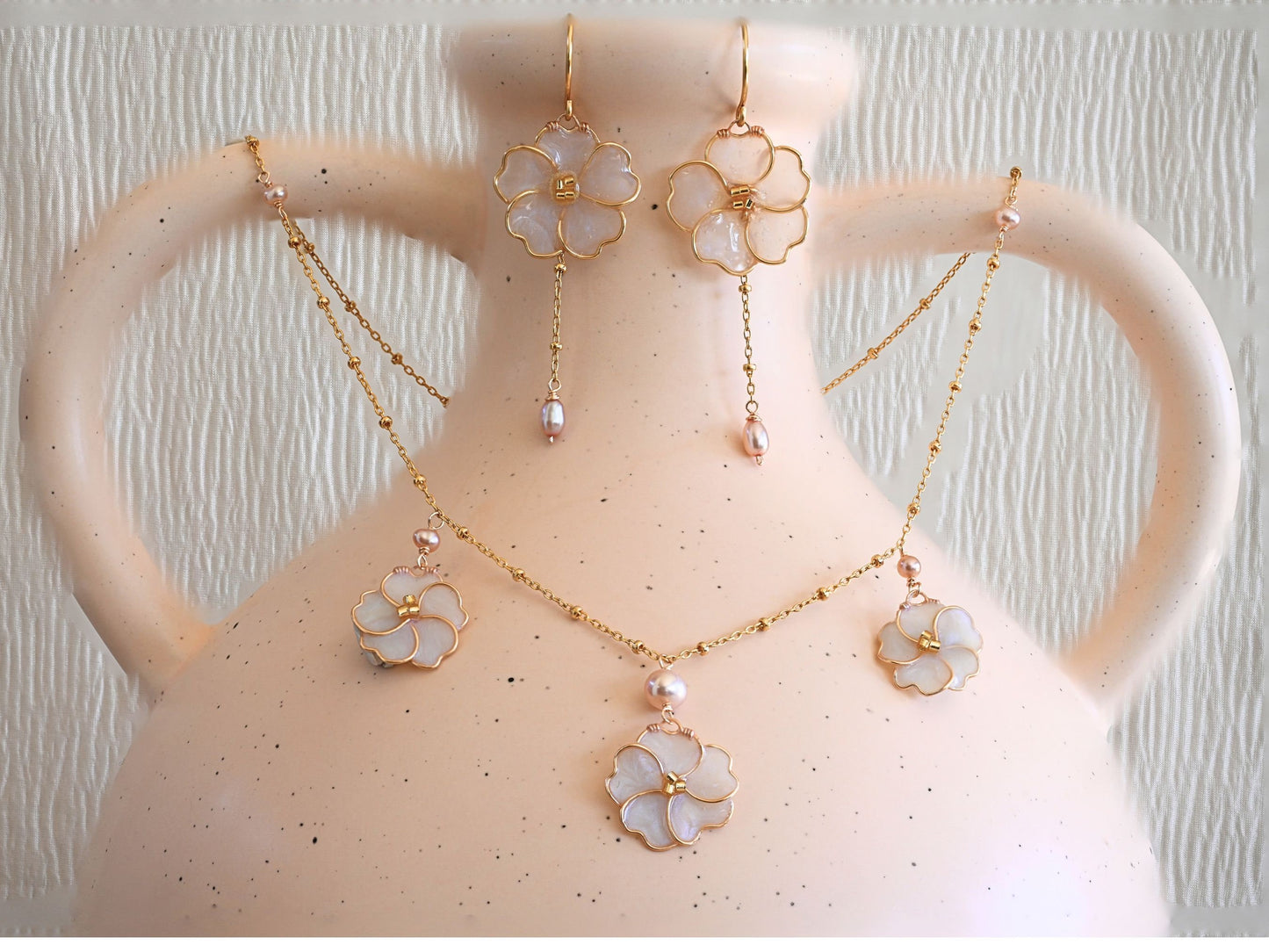 Gold Pearl and Flower Necklace | Freshwater Pearl Necklace | Cherry Blossom Charm Necklace |