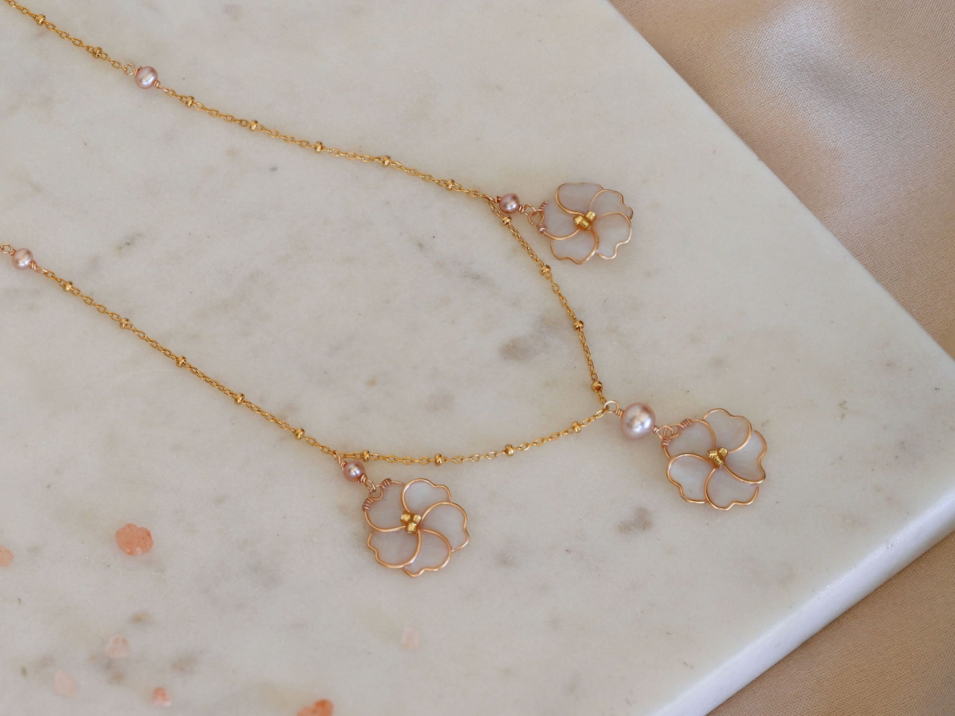 Gold Pearl and Flower Necklace | Freshwater Pearl Necklace | Cherry Blossom Charm Necklace |