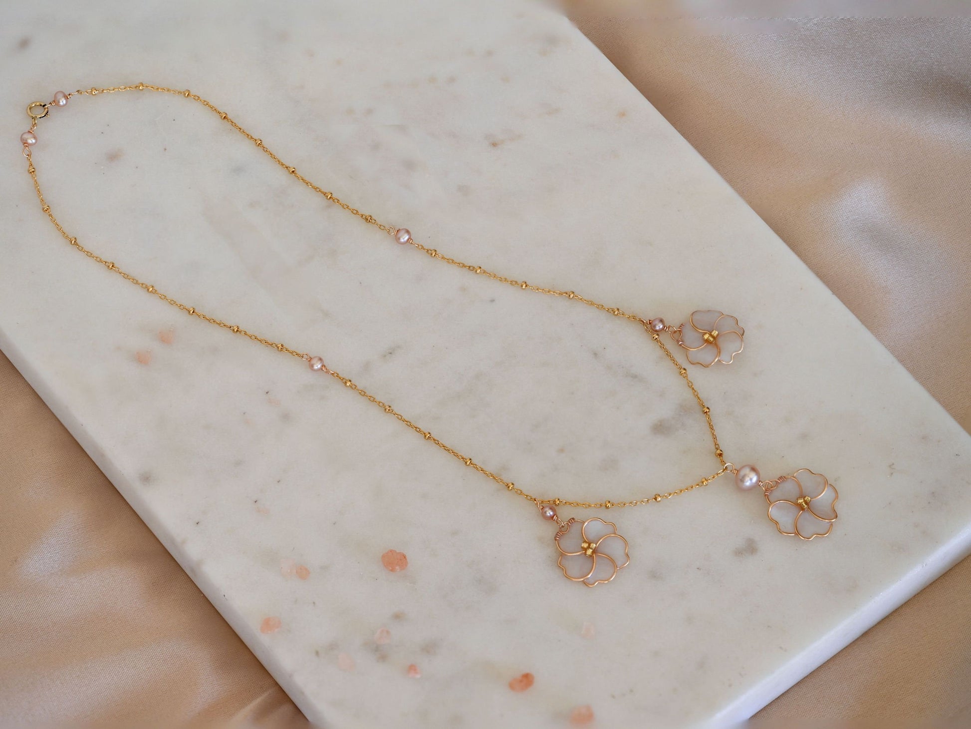 Gold Pearl and Flower Necklace | Freshwater Pearl Necklace | Cherry Blossom Charm Necklace |