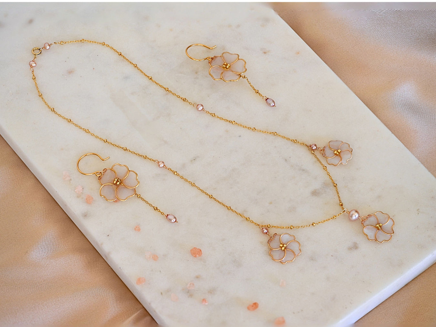 Gold Pearl and Flower Necklace | Freshwater Pearl Necklace | Cherry Blossom Charm Necklace |